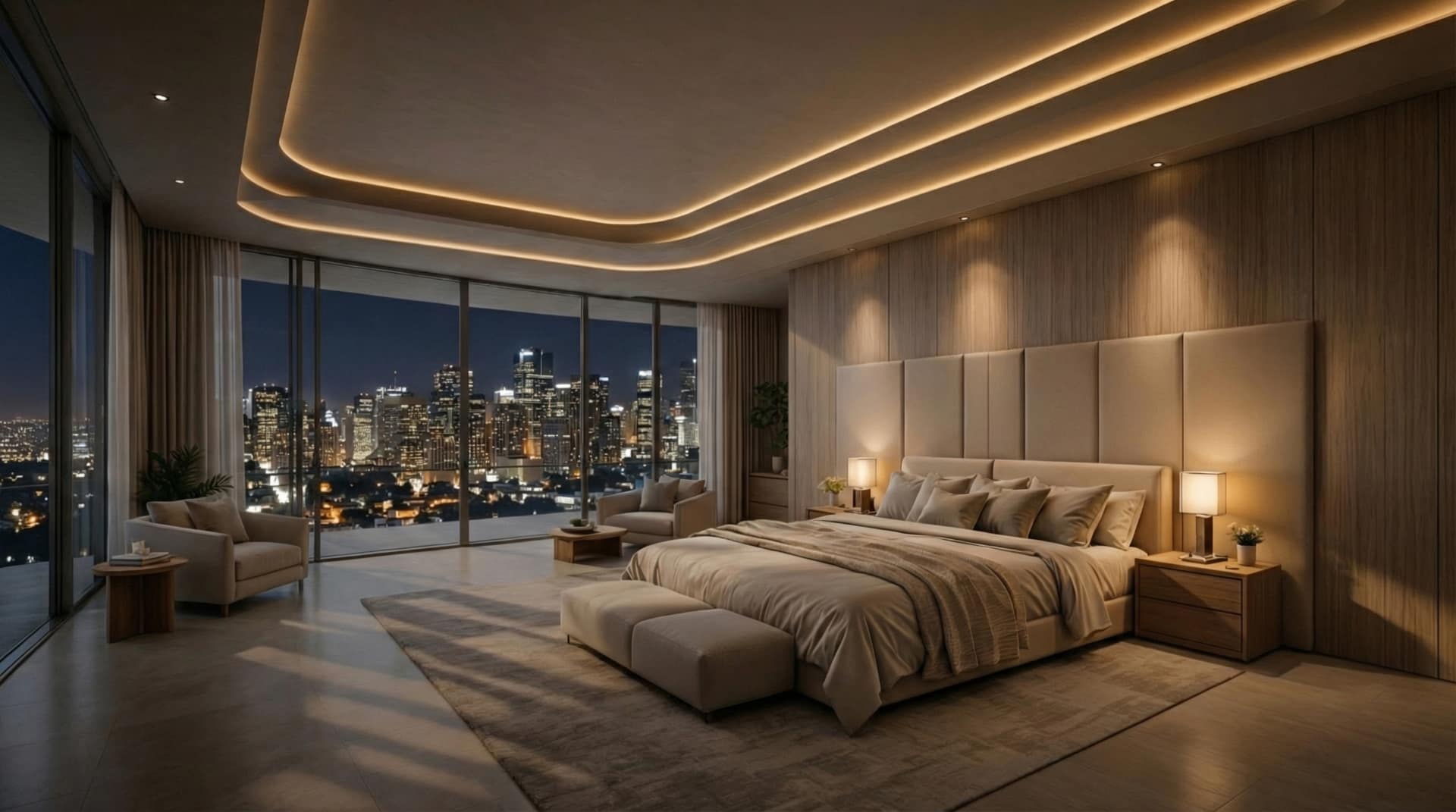 Master bedroom at night with floor-to-ceiling skyline view, tall tufted headboard and warm walnut feature wall