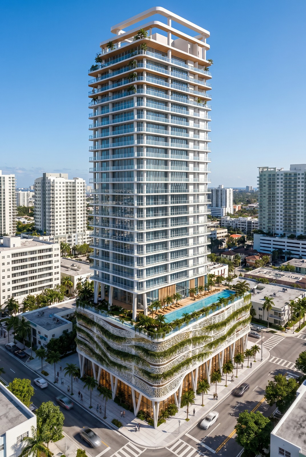 Spectre Miami Residences — aerial view of tower and pool deck