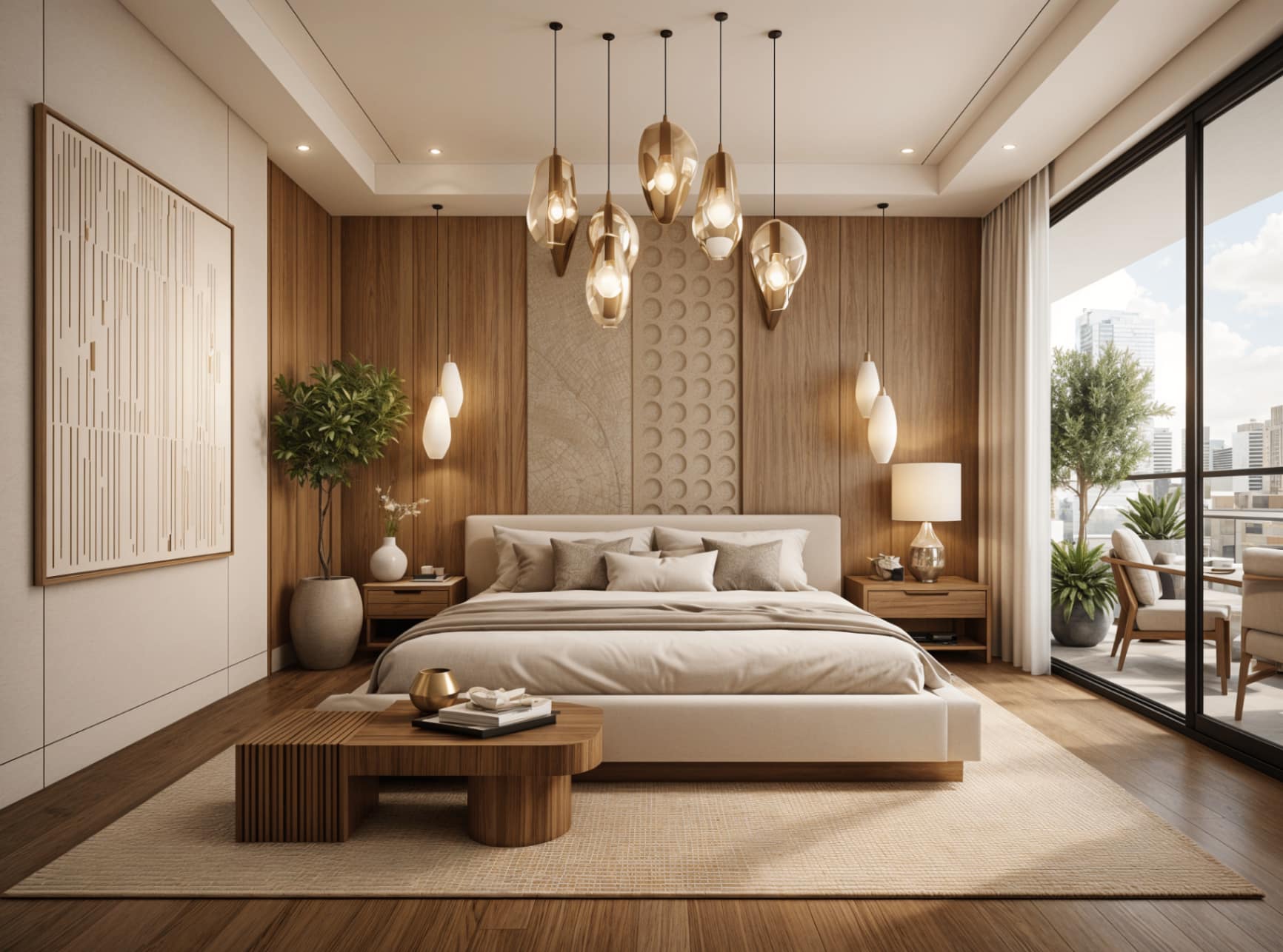 Master suite with cluster of amber glass pendants over a walnut feature wall and low platform bed