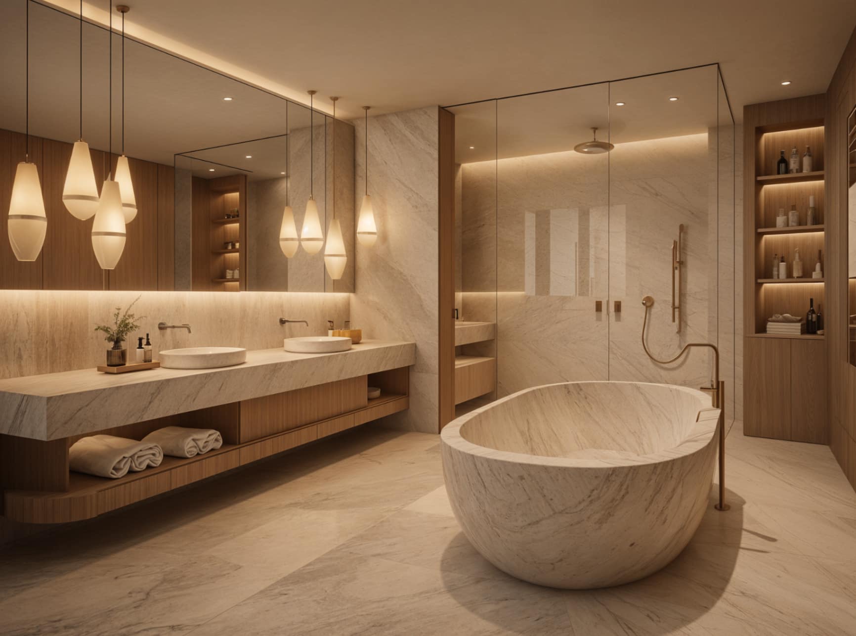 Principal bath with a freestanding carved stone tub, double vanity in travertine, and brushed brass fittings