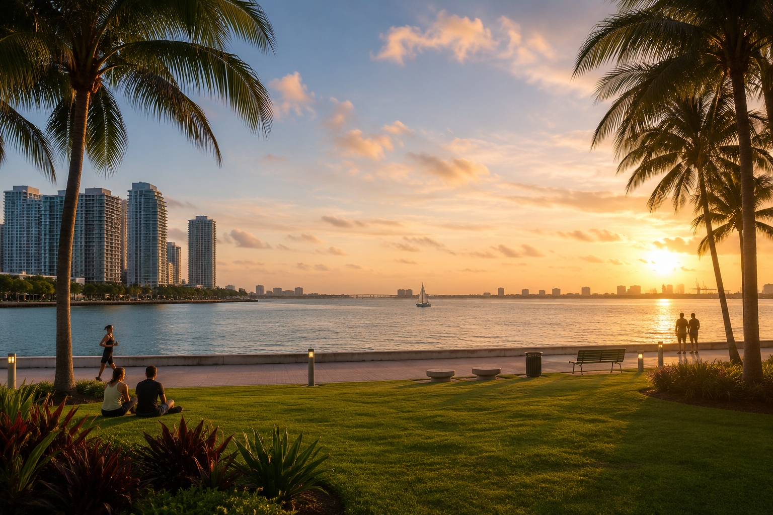 Edgewater Miami bayfront framed by tree branches