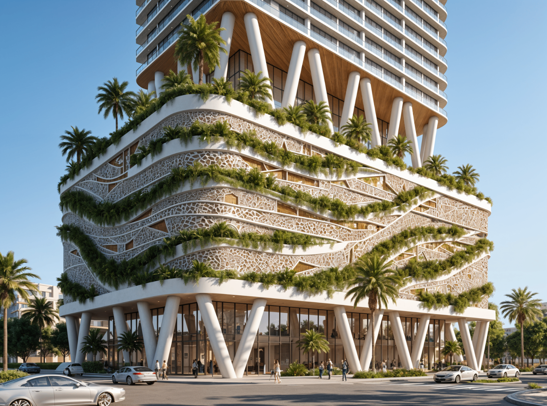 Podium with woven facade and cascading greenery