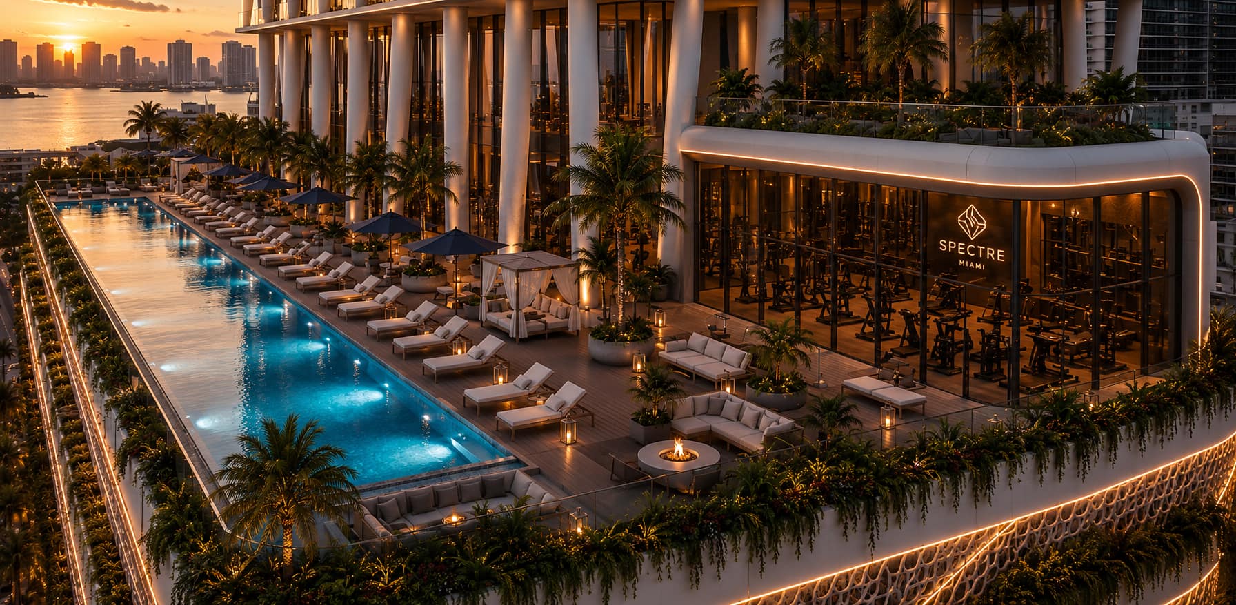 Spectre Miami pool deck at sunset — infinity pool, cabanas, and skyline views
