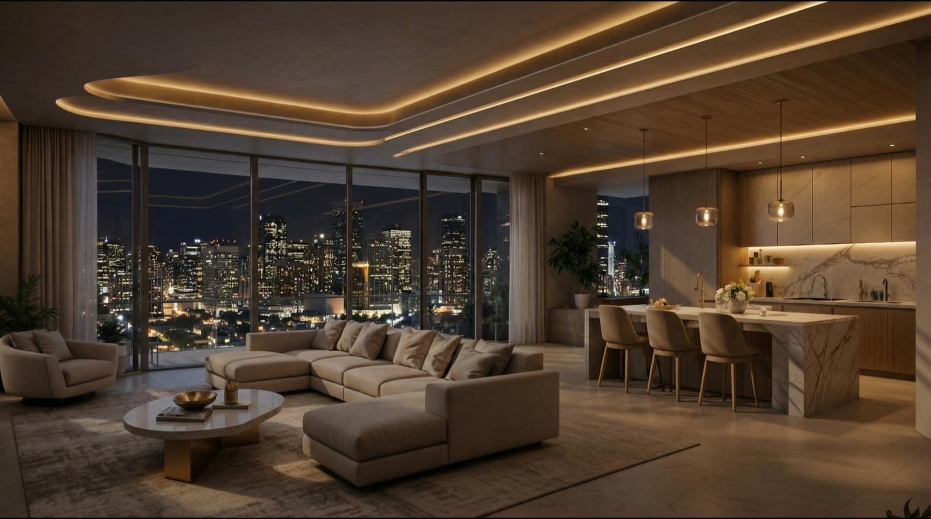 Open-plan great room at night with cove-lit tray ceiling, low sectional, and Miami skyline through floor-to-ceiling glass