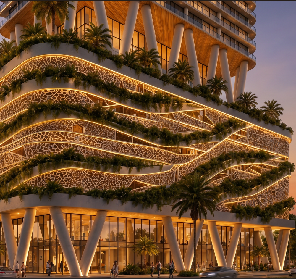Spectre Miami tower — curved balconies at dusk